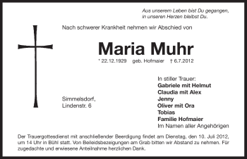 Traueranzeige von Maria Muhr von Pegnitz-Zeitung
